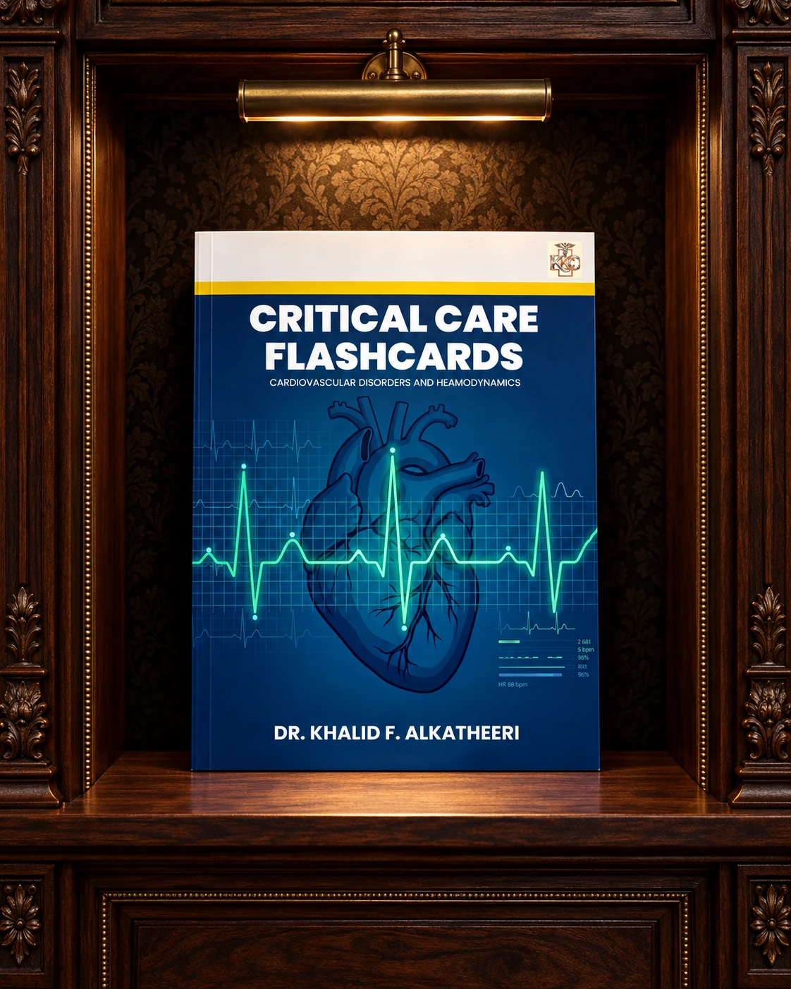 Critical Care Flashcards displayed in a carved walnut library niche
