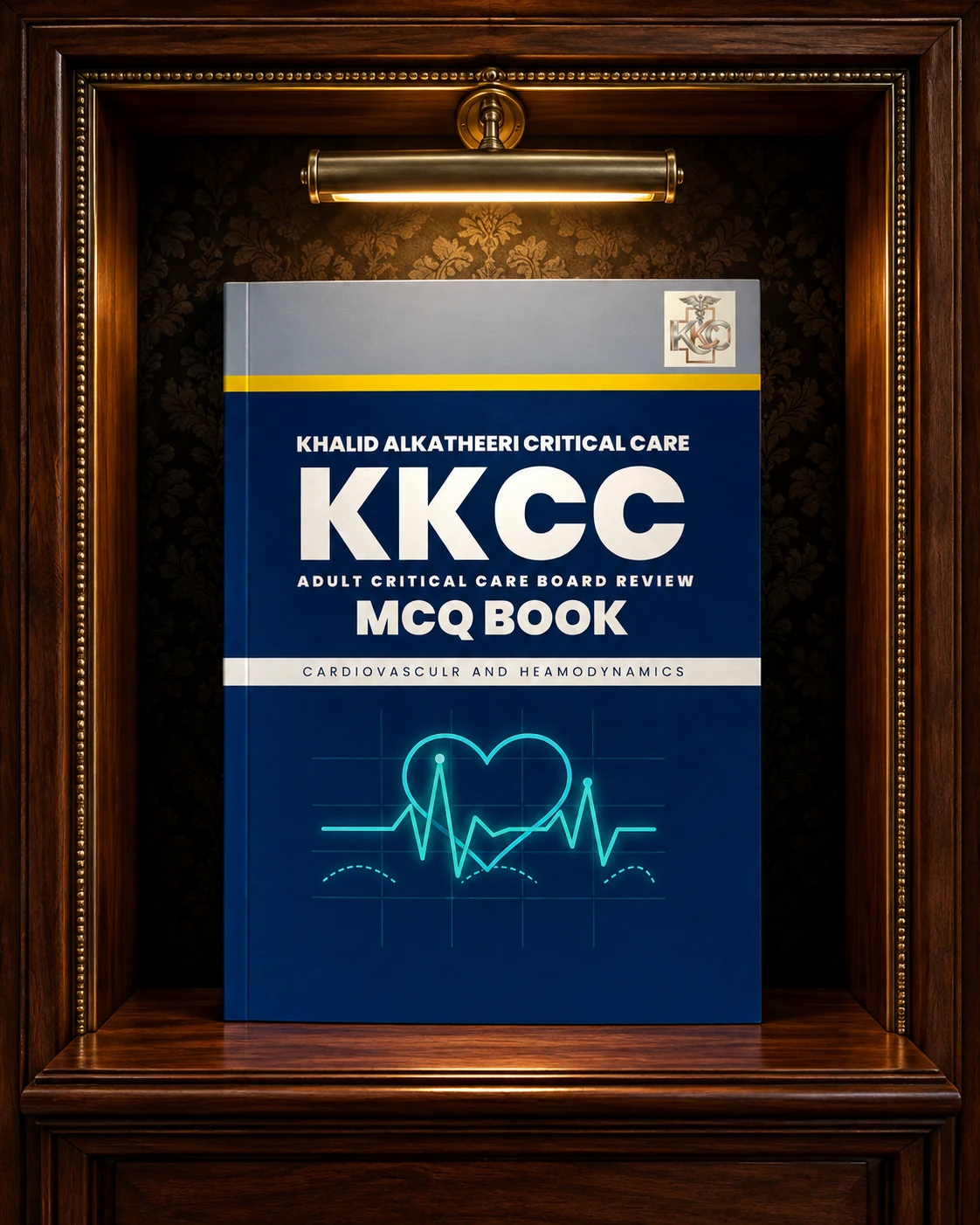 KKCC Adult Critical Care Board Review MCQ Book displayed in a walnut library niche